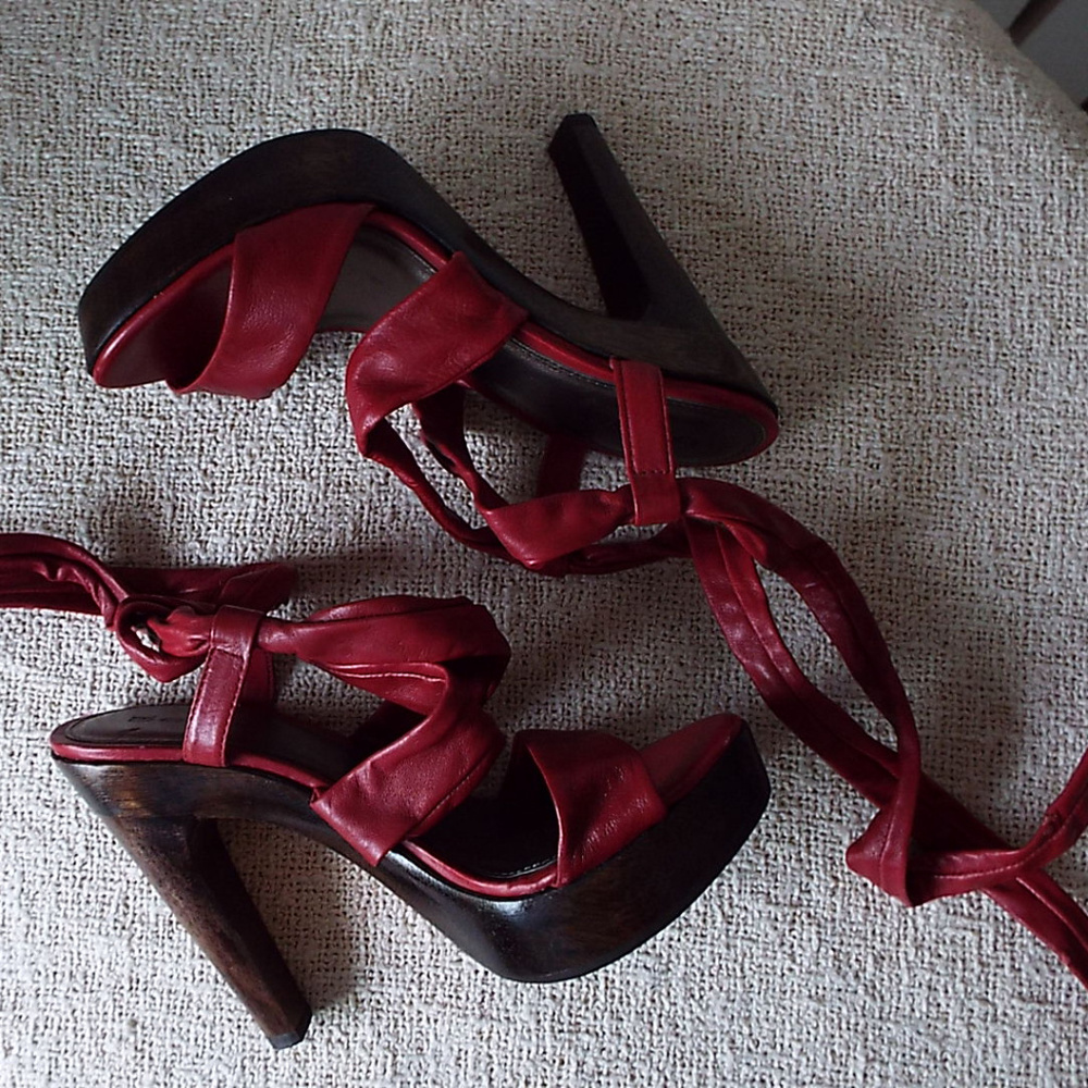 Bebe Red Leather Strappy Stilletoes Sz 7